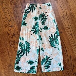 E Scripted Tropical Leaf Print Beach Vacation Summer Wide Leg Pants